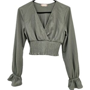 Altar'd State Smocked Long Sleeve V Neck Crop Top Romantic Boho Sage Green Sz S